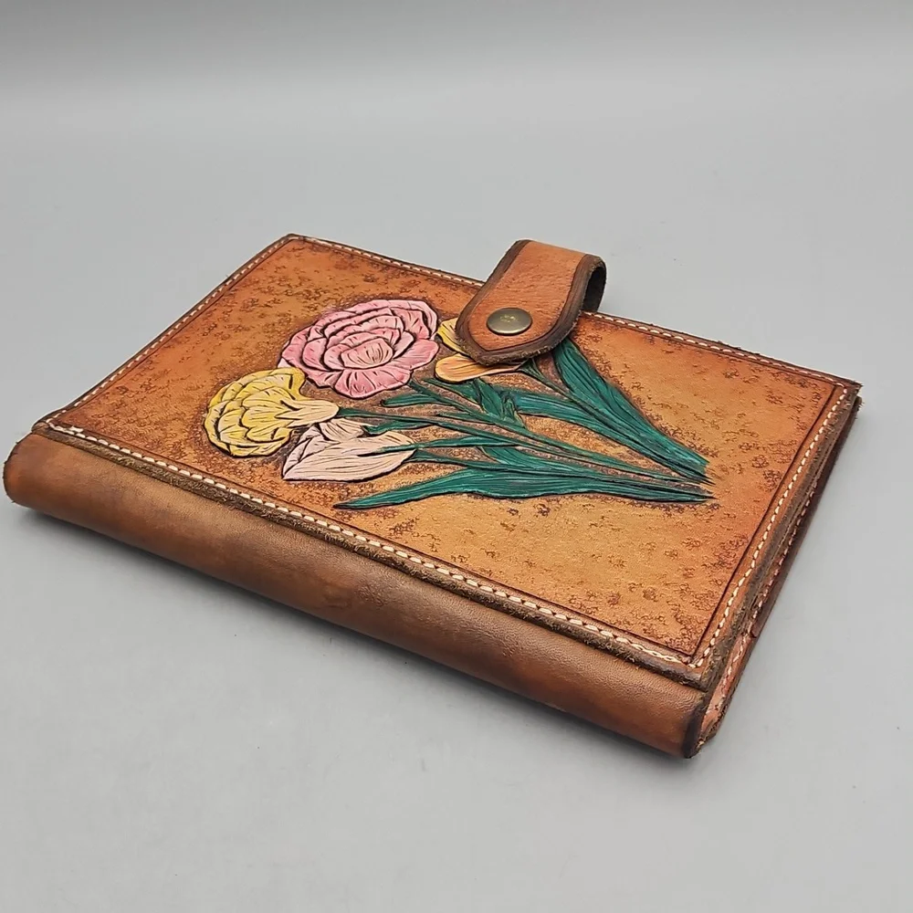 Hand Tooled & Painted Journel Cover Heavy Duty Leather Roses Flowers